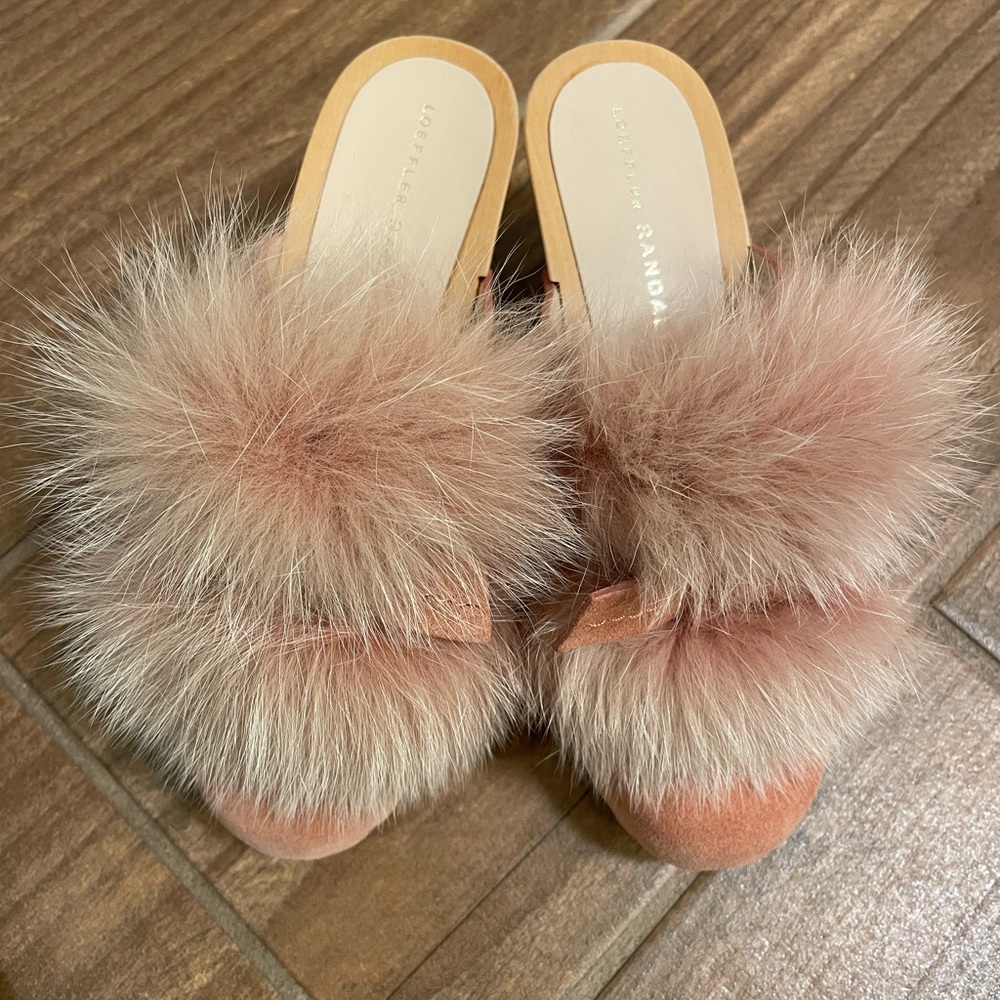 Loeffler Randall Phillips Fox Fur Pom Pom Mule Clog Suede Pink Mauve 35 5 Tan - Picture 2 of 10